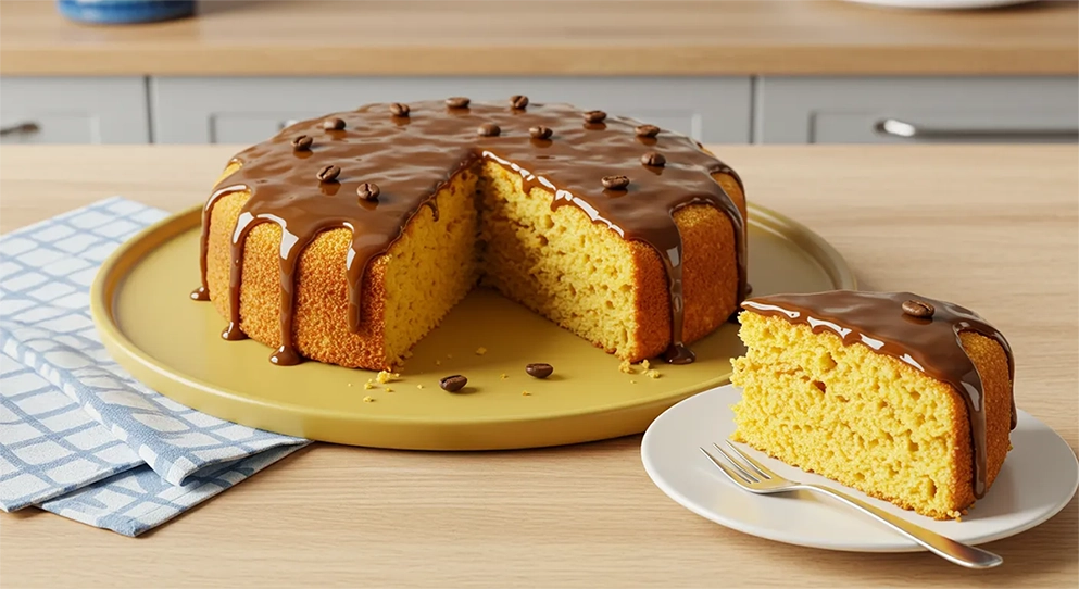 Um delicioso bolo de fubá co calda de café fofinho e aromático, decorado com café em pó e grãos inteiros. Perfeito para acompanhar um café fresquinho e tornar qualquer momento mais especial. Fácil de fazer e irresistível!