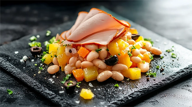 Aqui estão algumas descrições de fotos para um blog, com até 240 caracteres: Opção 1 (Focada nos ingredientes): Salada de feijão branco com lombo condimentado. Uma opção saudável e saborosa para qualquer refeição!