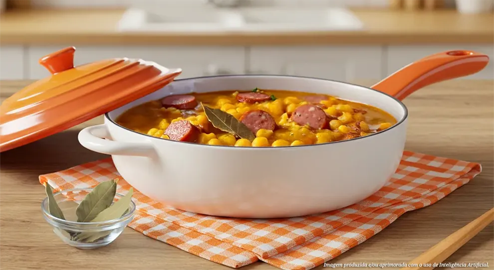 Mungunzá salgado cremoso com pedaços de linguiça e bacon. Um prato reconfortante e cheio de sabor.